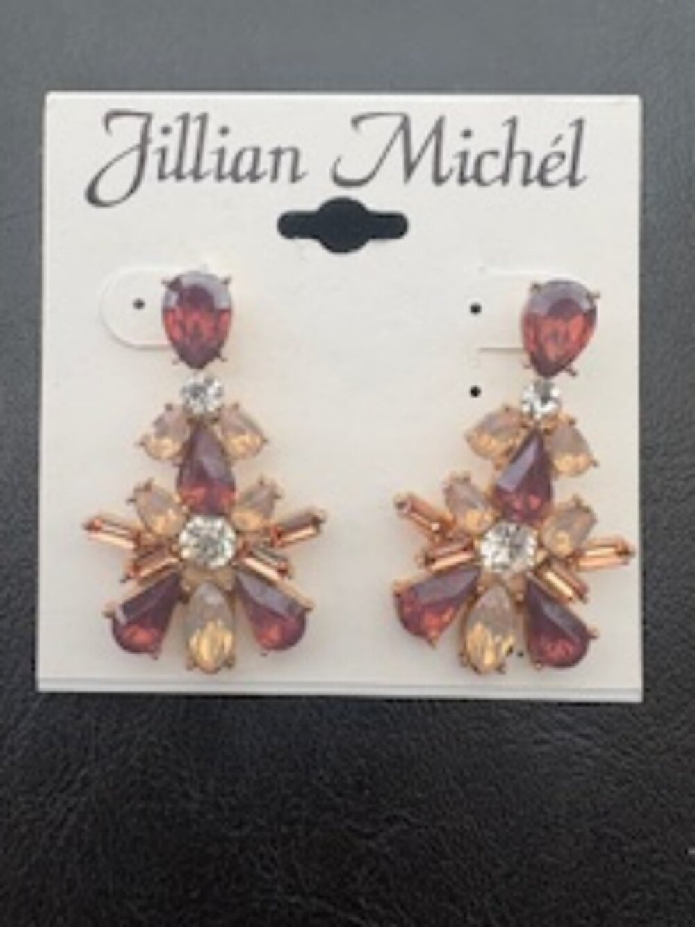 Jillian Michel earrings-Tear drop shaped-Gold tone-Amber, plum, & clear crystals